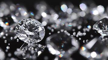 AI generated Brilliant cut diamonds sparkle intensely, scattered on a reflective surface with a soft focus on the background, highlighting the gem's exquisite facets and clarity photo