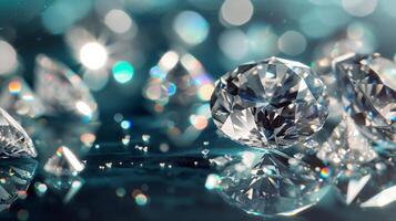 AI generated Brilliant cut diamonds sparkle intensely, scattered on a reflective surface with a soft focus on the background, highlighting the gem's exquisite facets and clarity photo