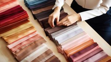 AI generated Closeup of female fashion designer choosing fabric for new collection at workplace photo