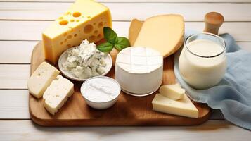AI generated Different types of cheese on wooden board, closeup. Dairy products photo