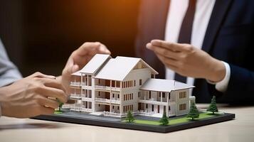 AI generated Real estate agent presenting house model to customer. Real estate business concept. photo