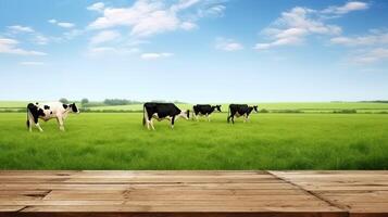 Cows grazing in a green meadow. Shot with a wooden table. photo