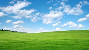 Green field and blue sky with white clouds photo