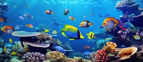 Underwater scene with coral reef and tropical fish photo