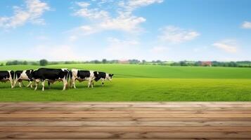 Cows grazing on green meadow with blue sky and wooden floor photo
