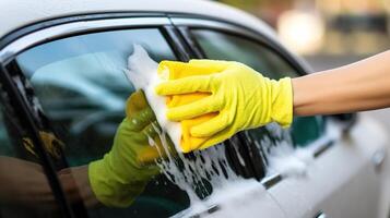 AI generated Hand in a green glove washes the car window with a sponge photo