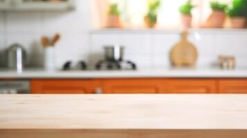 AI generated Empty wooden table and blurred kitchen interior background, product display montage photo