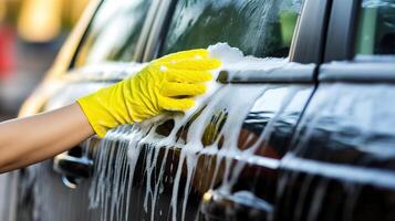 ai generado de cerca de hembra mano en amarillo guantes Lavado coche con esponja foto