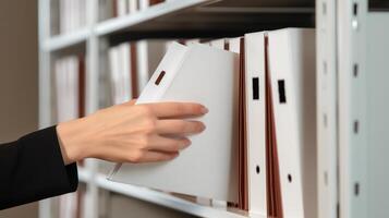 AI generated Woman taking documents from shelf in office, closeup. Space for text photo