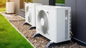 Air conditioners outside the house. Modern air conditioner outdoor. photo