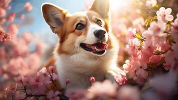 Welsh corgi dog on a background of blooming sakura photo