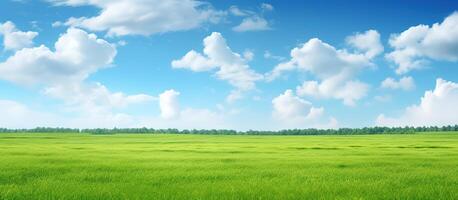 Green rice field and blue sky with white clouds. Nature background. photo