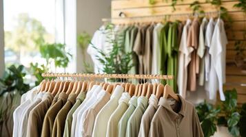 Hanger with stylish clothes on rack in boutique photo