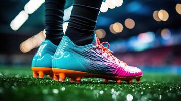 Close up of soccer player legs on the green grass of soccer stadium photo