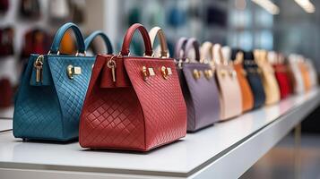 Red and blue handbags in a fashion store photo