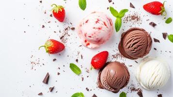 AI generated Ice cream scoops in chocolate, strawberry, and vanilla flavors, garnished with mint leaves on white background photo