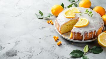 AI generated Cut tasty lemon cake with glaze and citrus fruits on light grey textured table, space for text photo