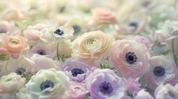 AI generated Pastel colored ranunculus and anemone flowers. Floral background photo