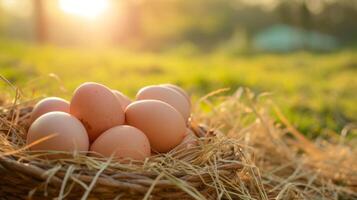 AI generated Eggs close-up on a straw basket with pasture in the background photo