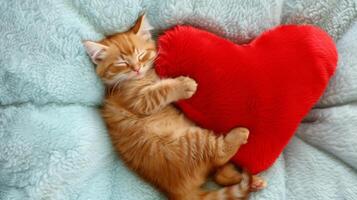 ai generado gatito dormido en el en forma de corazon almohada, acogedor San Valentín día tarjeta idea, perezoso y enfriado enamorado, Copiar espacio foto