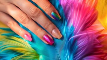 AI generated Glamour woman hand with luxury rainbow color nail polish manicure on fingers, touching rainbow feathers photo