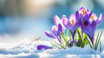 AI generated Spring landscape with first flowers purple crocuses on the snow photo