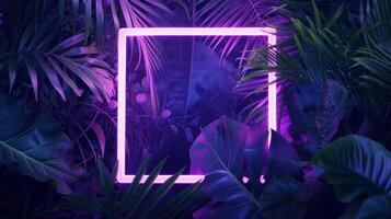 AI generated Neon square frame surrounded by tropical leaves, Creative natural background with ultraviolet exotic plants and luminous border photo