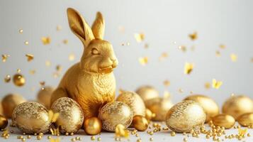 ai generado elegante dorado huevos Pascua de Resurrección concepto. Pascua de Resurrección oro huevos con dorado Conejo blanco antecedentes. foto