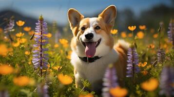 Welsh corgi Pembroke in a field of flowers photo