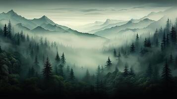 brumoso montaña paisaje con abeto arboles y alto picos en el antecedentes foto