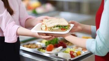 AI generated Catering, food delivery and people concept - close up of female hands taking sandwiches from tray at home photo