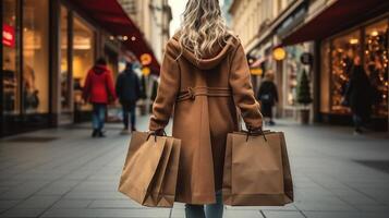 Young woman with shopping bags walking in the city. Shopping concept. photo