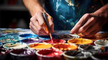 AI generated Close-up of artist's hands holding paintbrush and mixing colors photo