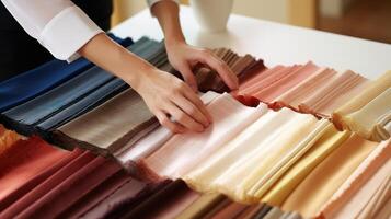 AI generated Close-up of fashion designer choosing fabric in studio, low angle view photo