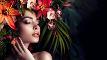 AI generated Fashion portrait of young beautiful woman with exotic flowers in hair photo