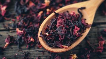 AI generated Wooden spoon with dry hibiscus tea close - up photo