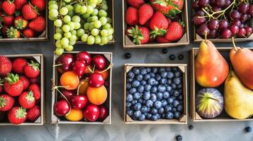 AI generated Summer fruit and berry variety. Flatlay of ripe strawberries, cherries, grapes, blueberries, pears, apricots, figs in wooden ecofriendly boxes over grey background photo