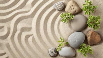AI generated Smooth pebbles and sprigs of greenery arranged artistically on raked sand, creating a tranquil Zen garden pattern photo