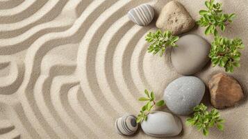 AI generated Smooth pebbles and sprigs of greenery arranged artistically on raked sand, creating a tranquil Zen garden pattern photo