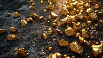 AI generated Golden nuggets of varying sizes scattered across a dark, textured surface, conveying a sense of luxury and wealth photo