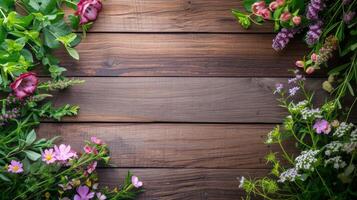 AI generated Garden flowers and plants on isolated wooden board background with copyspace photo