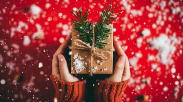 AI generated Female's hands in pullover holding Christmas gift box decorated with evergreen branch on red background with snow. Christmas and New Year banner photo