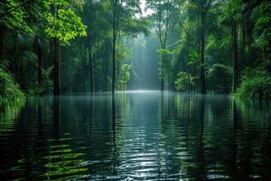 ai generado inundado tropical bosque durante alto agua temporada foto