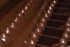 chocolate candies on the conveyor of a confectionery factory close-up photo