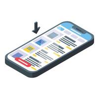 Tap phone new search icon isometric vector. Digitized tech vector