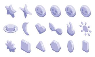 Y2k chrome icons set isometric vector. Shape silver vector