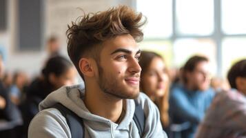 AI generated Male student sitting in university classroom looking away and smiling. Man sitting in lecture in high school classroom. photo