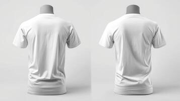 ai generado de los hombres blanco blanco camiseta plantilla, de dos lados, natural forma en invisible maniquí, para tu diseño Bosquejo para imprimir, aislado en blanco antecedentes. foto