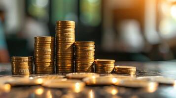 AI generated Stock funding or money saving graph with coins. Background for business ideas and design. Chart for financial investment concept photo