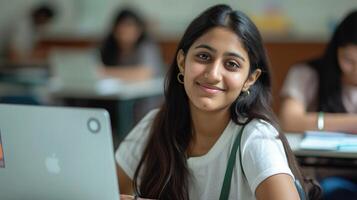 ai generado retrato de un hermoso, joven y de apariencia inteligente indio asiático mujer estudiante vistiendo un blanco camisa foto
